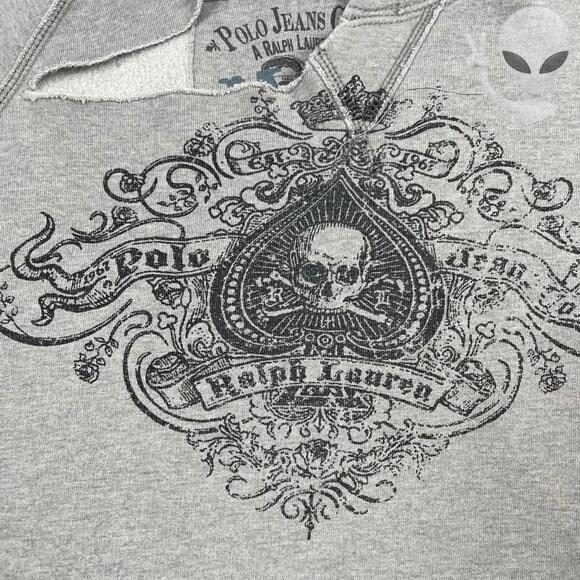 Ralph Lauren Hoodie Medium Grey Distressed Grunge y2k 00s - Picture 3 of 6